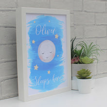 Load image into Gallery viewer, Baby boy sleeps here white frame
