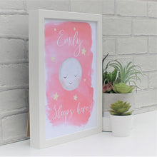 Load image into Gallery viewer, Baby girl sleeps here print in white frame
