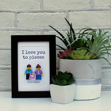 Load image into Gallery viewer, I love you to pieces personalised lego figure black frame