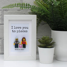 Load image into Gallery viewer, I love you to pieces personalised lego figure white frame