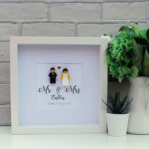 Mr & Mrs Personalised minifigure Wedding day celebration white frame