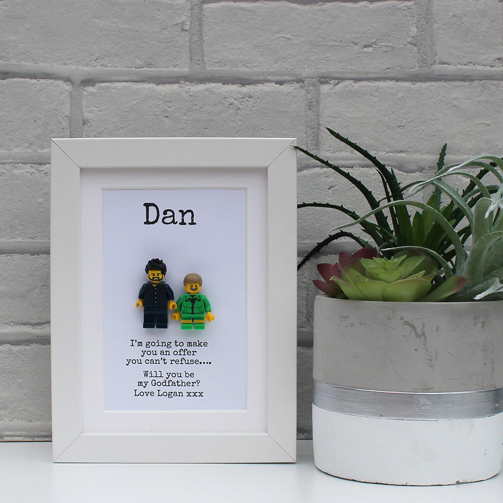 Will you be my Godparent? Personalised lego minifigure frame in white